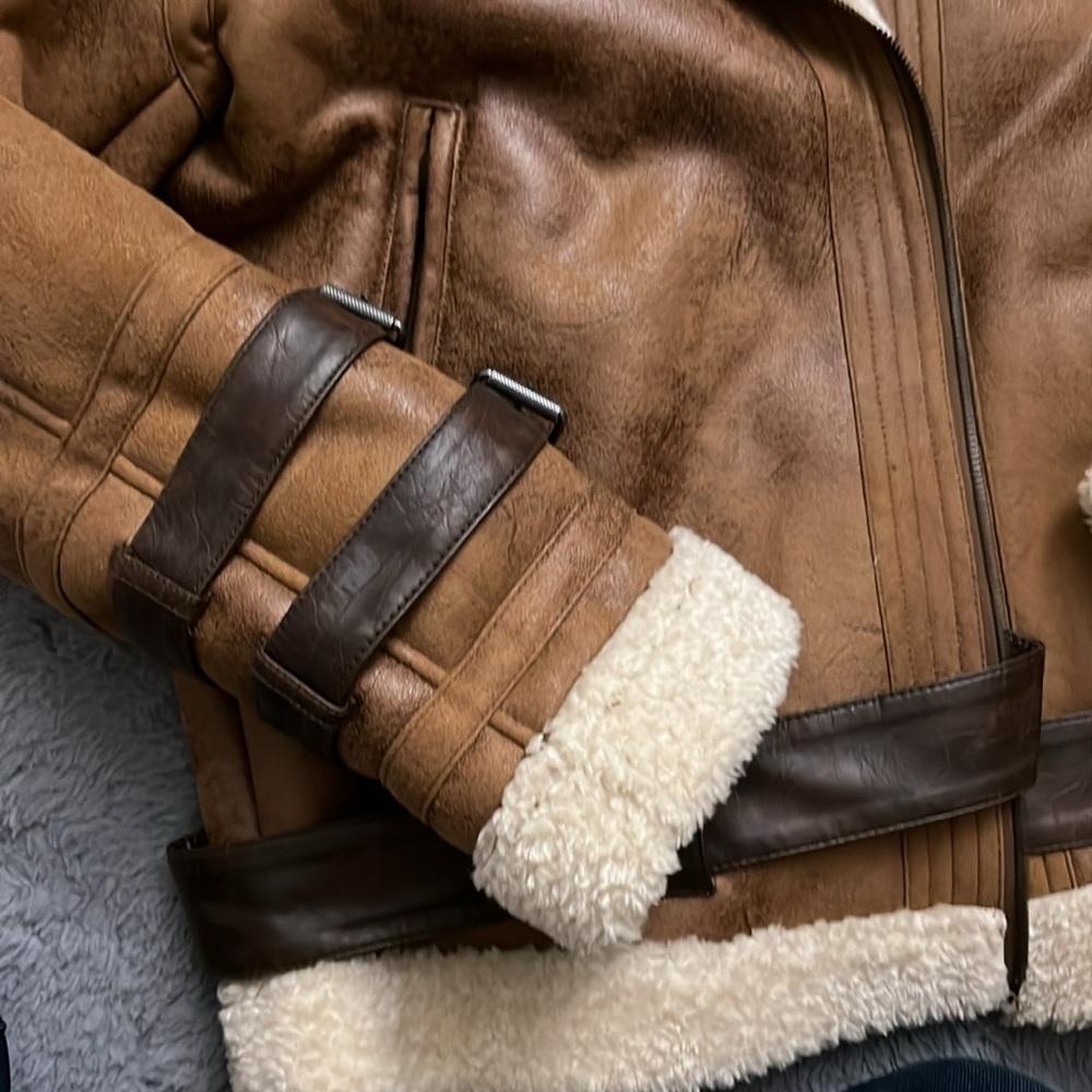 Zara Men's Brown Shearling Leather Jacket - Picture 3 of 9